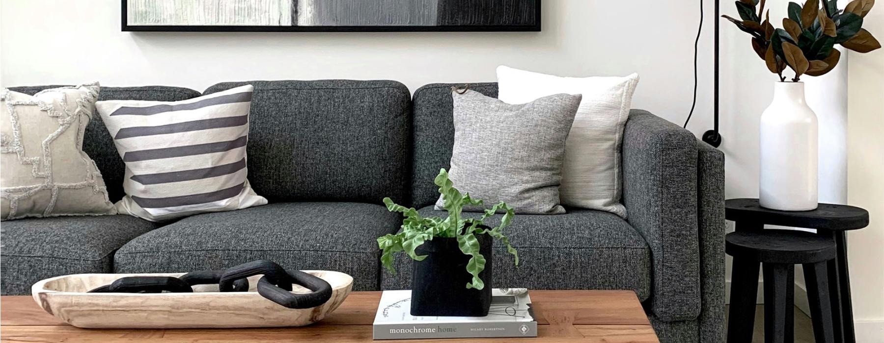 a couch with a coffee table with a plant and decor on it